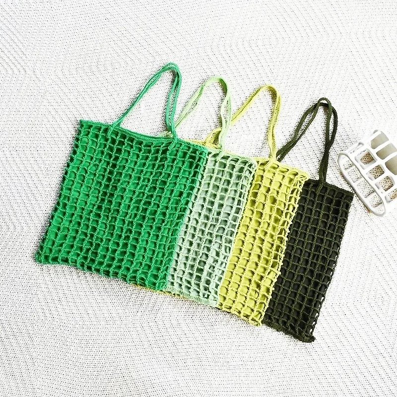 Grid Green tone linna crochet tote bag - Handbags & Totes - Cotton & Hemp Green