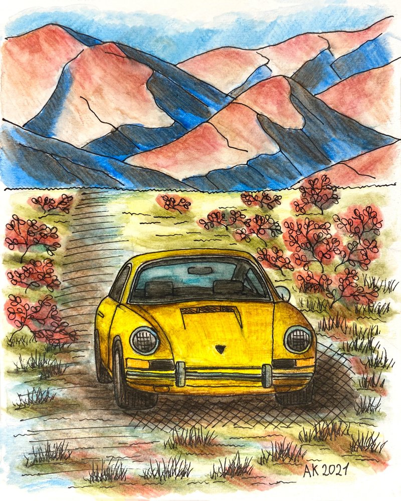 秋航水彩畫，保時捷 911 藝術品，自然駕駛，黃色汽車 - 牆貼/牆身裝飾 - 其他材質 橘色