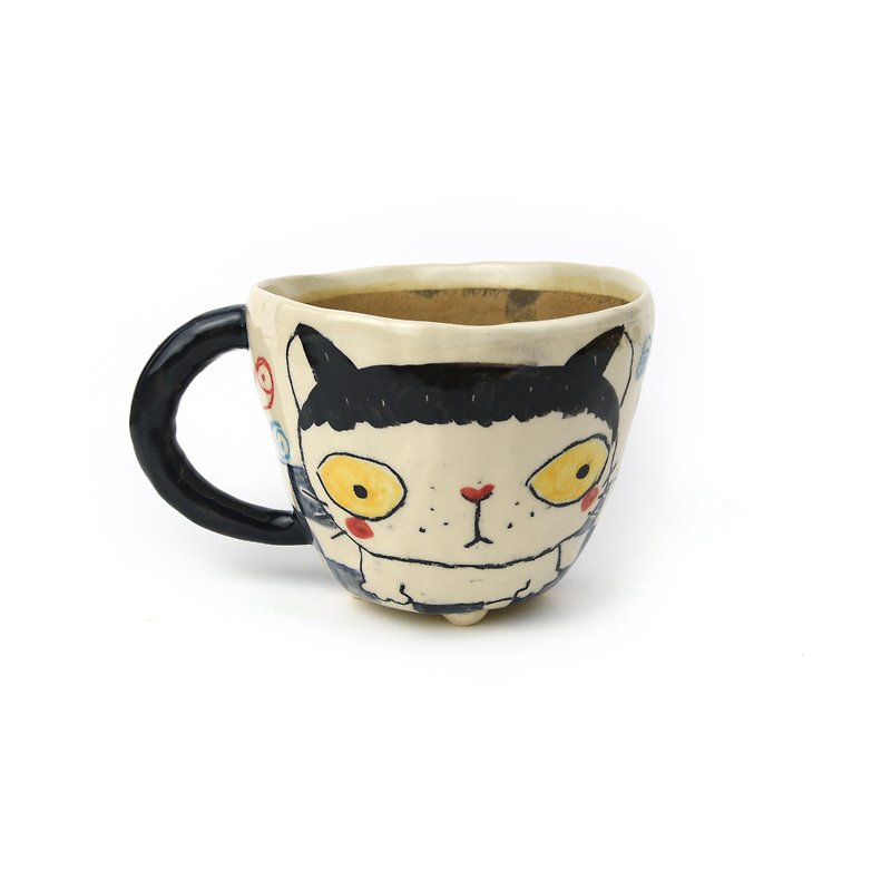 Nice Little Clay Handmade Big Mug Black and White Cat 0103-63 - แก้วมัค/แก้วกาแฟ - ดินเผา ขาว