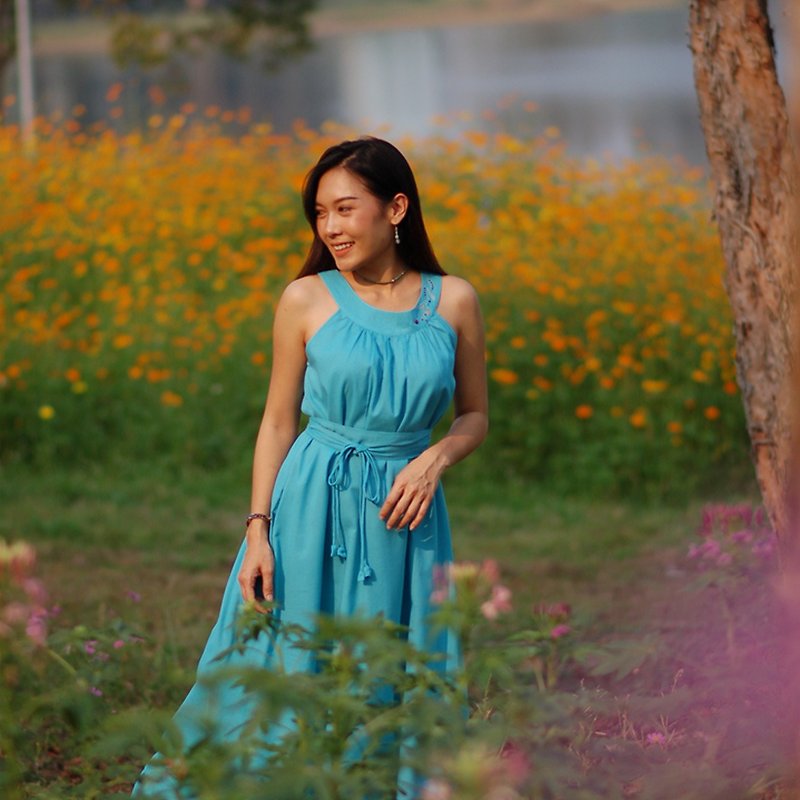 Cotton Maxi Dress, Hand embroidery/ Turquoise