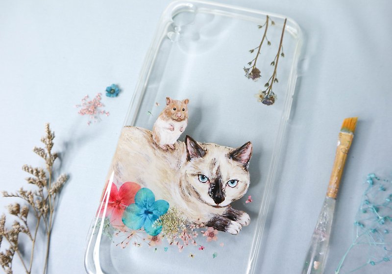 Tailor-made Hand-drawn Pet Pressed Flower Phone Case | Siamese cat & Hamster - เคส/ซองมือถือ - พืช/ดอกไม้ สีน้ำเงิน