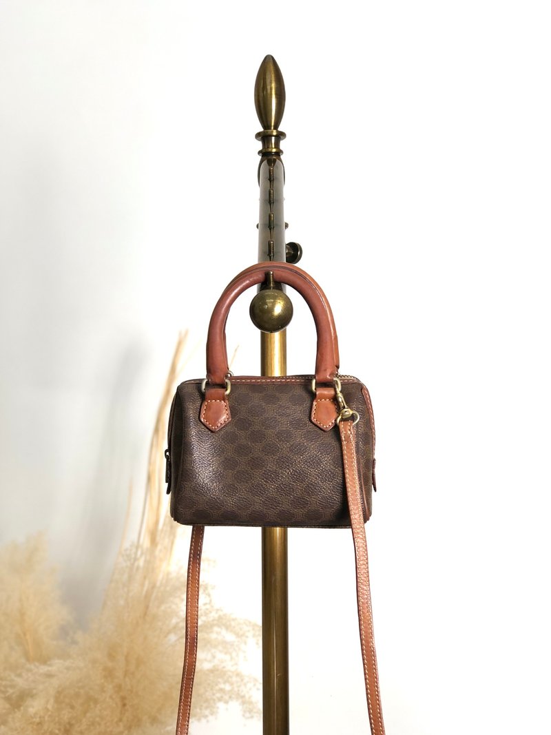 【 日本直送　名牌中古包 】CELINE マカダム ショルダーバッグ ブラウン PVC レザー マイクロボストン 2way vintage bnscrs - 側背包/斜背包 - 防水材質 咖啡色