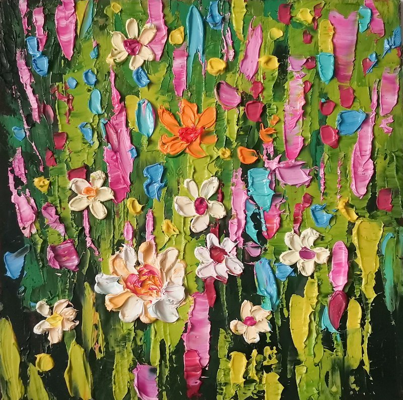 Wildflower Painting Original Art Impasto Oil Painting Flower Artwork by Verafe - โปสเตอร์ - วัสดุอื่นๆ สีเหลือง