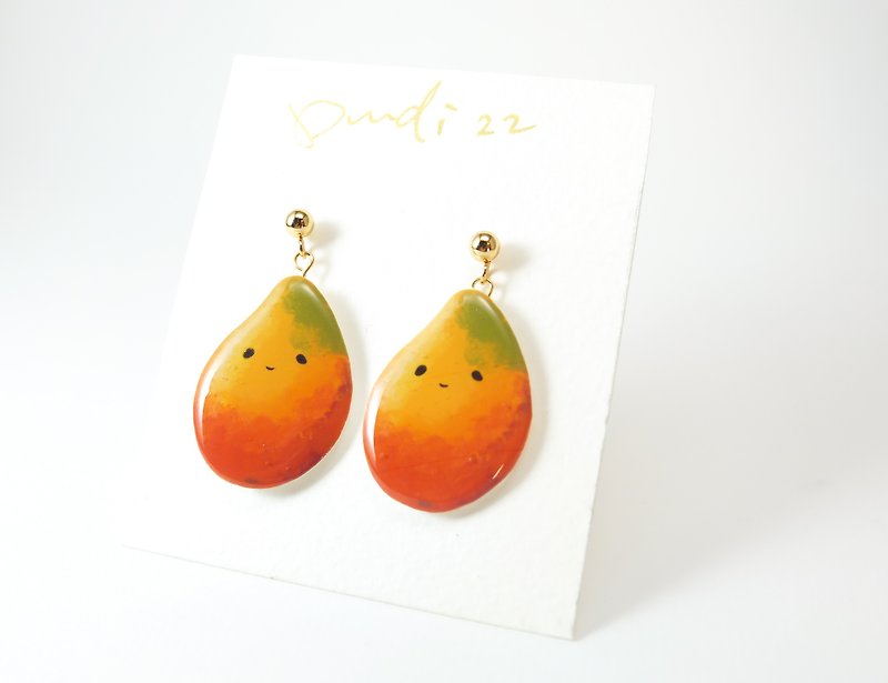 Mango earring ear clip cute healing fruit - Earrings & Clip-ons - Resin Orange