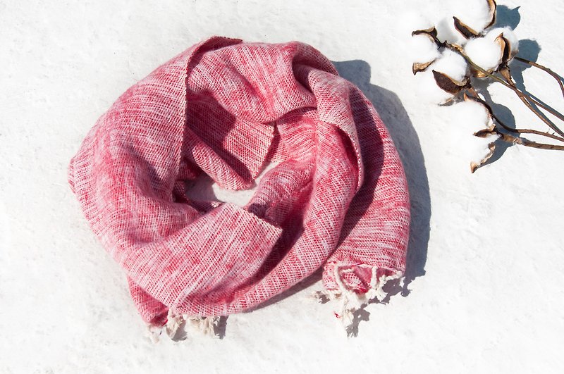交換禮物純羊毛絲巾/手工針織圍巾/編織圍巾/純羊毛圍巾-草莓奶昔 - 圍巾/披肩 - 羊毛 紅色