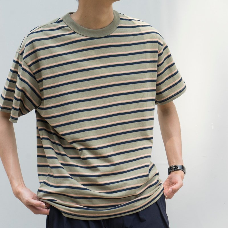 夏季 日系搭配休閒條紋短袖 日常通勤休閒寬松T- shirts - 男 T 恤 - 棉．麻 綠色