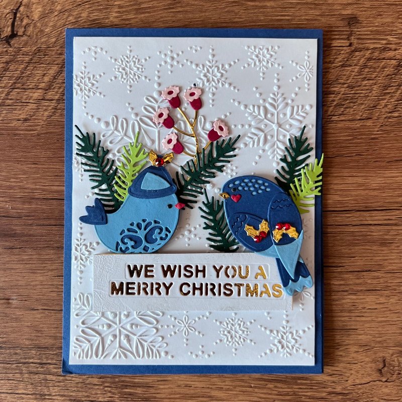 WE WISH YOU A MERRY CHRISTMAS Double Blue Bird Christmas Card - การ์ด/โปสการ์ด - กระดาษ สีน้ำเงิน