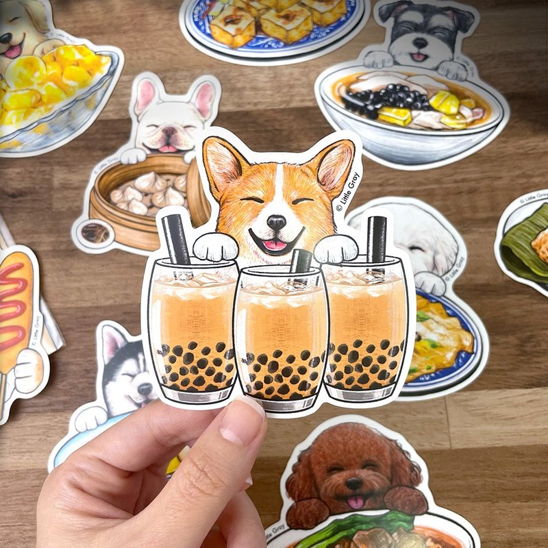 狗狗插畫貼紙_狗狗與台灣美食10入/防水大貼紙/現貨/台灣製造 - 貼紙 - 紙 多色