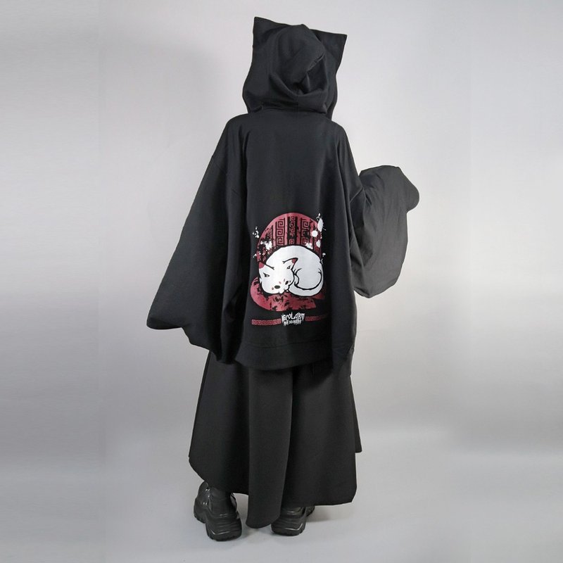 Oversized back print furisode cat ear hoodie japan gothic rock DRT2751 - Unisex Hoodies & T-Shirts - Polyester Black