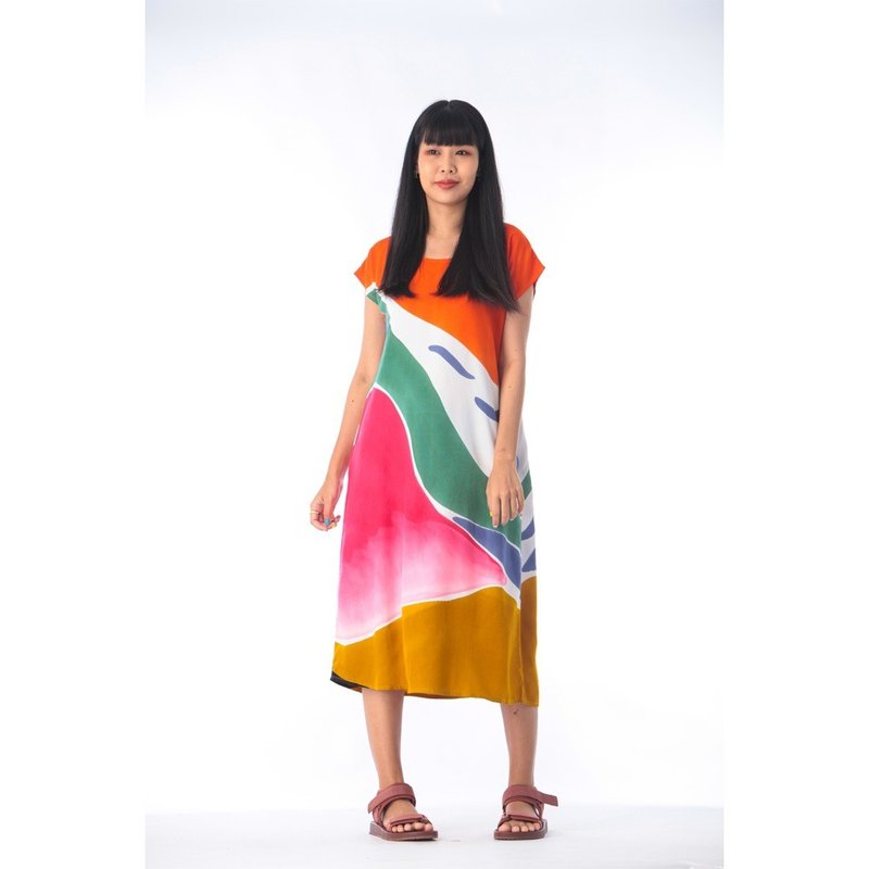 Long Dress Cotton Rayon Hand Paint - 洋裝/連身裙 - 棉．麻 橘色