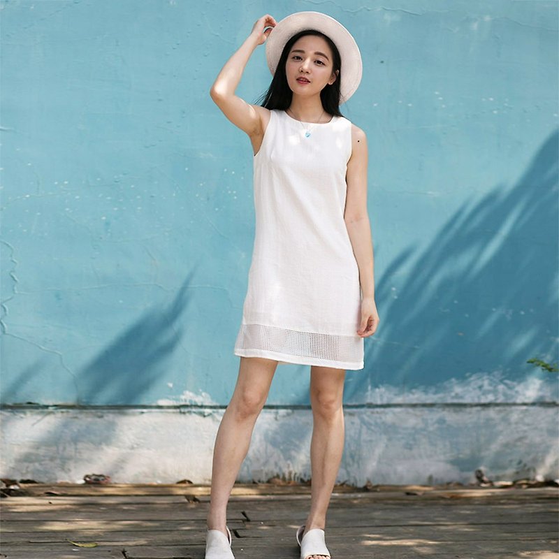 Annie Chen original design sun gift 2016 Amoi Korean literary hemp solid color mesh dress fight - ชุดเดรส - ผ้าฝ้าย/ผ้าลินิน ขาว