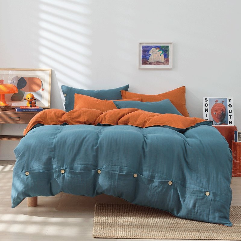 Good Relationship HAOKUANXI | Blue Ocean Orange Day-Double yarn breathable bed bag, quilt cover, pillowcase set - Bedding - Eco-Friendly Materials Blue