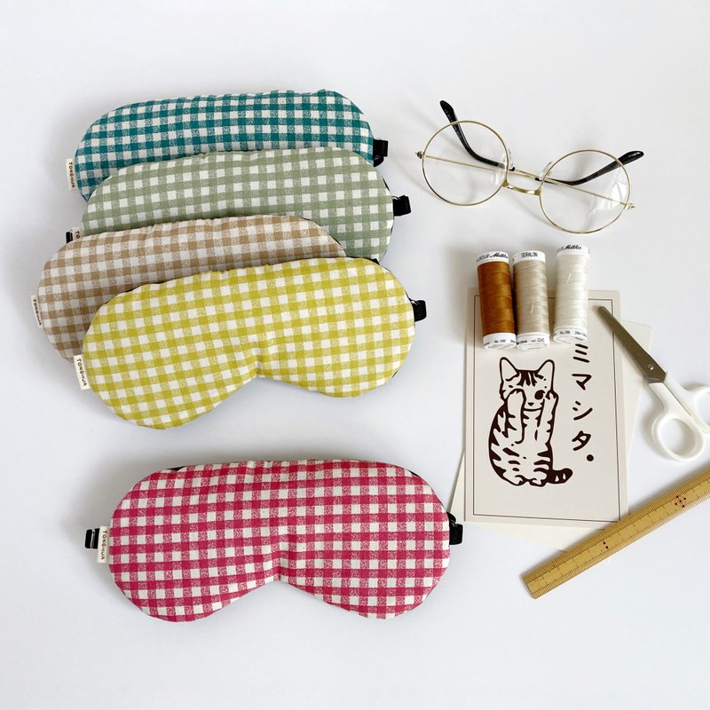 Organic cotton handmade eye mask, crayon style, small plaid, pure cotton, with storage bag, adjustable length, going abroad - ผ้าปิดตา - ผ้าฝ้าย/ผ้าลินิน สีเหลือง