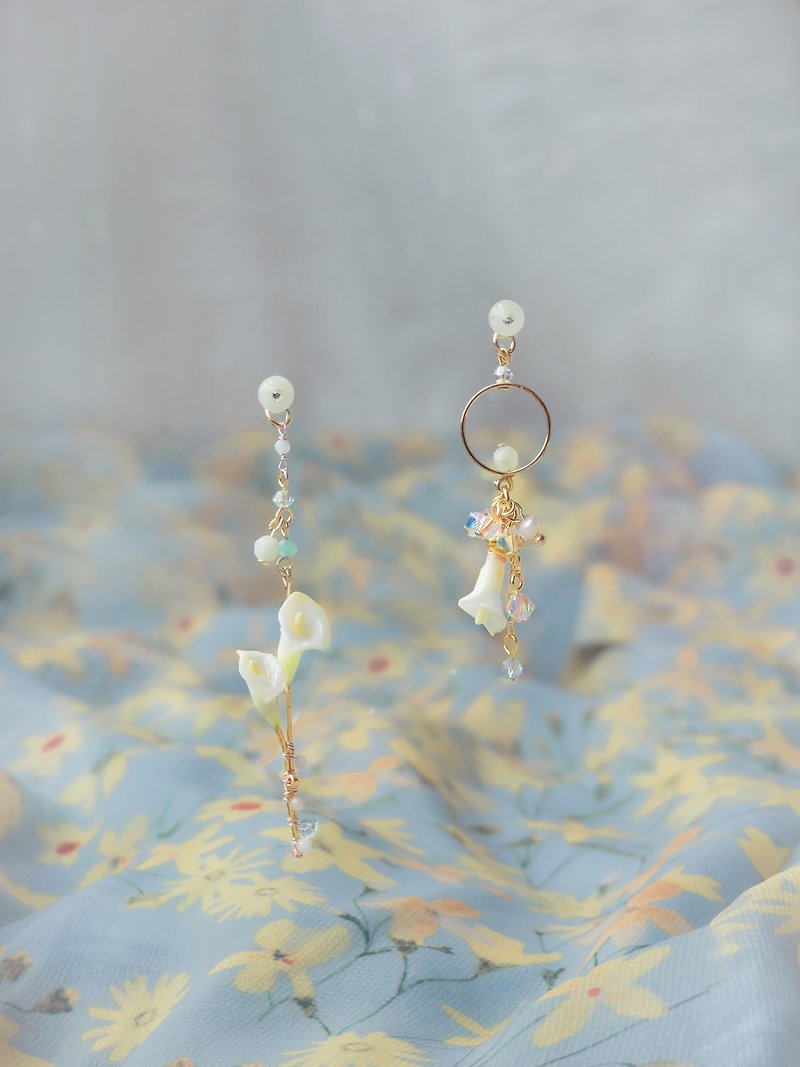 ดินเหนียว ต่างหู ขาว - Virtuous Calla Lily Asymmetry Morganite 14K-gold Plated 925 Silver Earrings