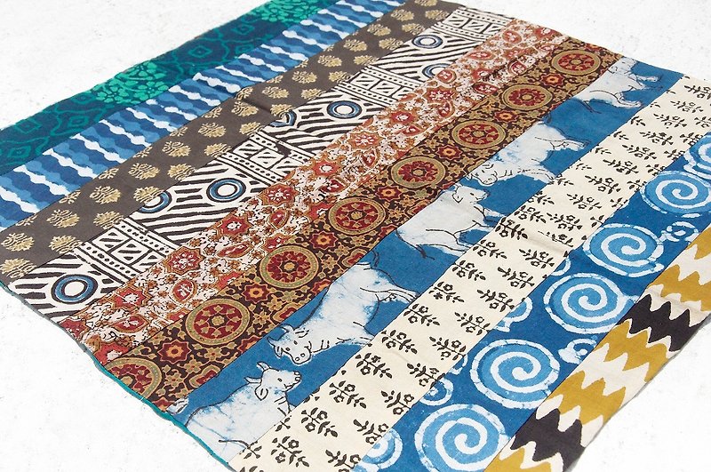 Handmade square towel patchwork square towel square scarf India woodcut printed square towel - walking natural ethnic totem - Scarves - Cotton & Hemp Multicolor