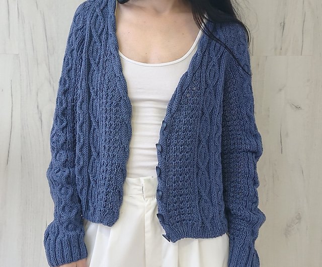 Green sweater jacket Cable sweater Wool short jacket Knit cardigan