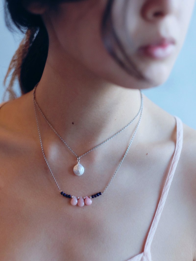 Pearl necklace/ Pink Opal teardrop necklace - 項鍊 - 寶石 粉紅色