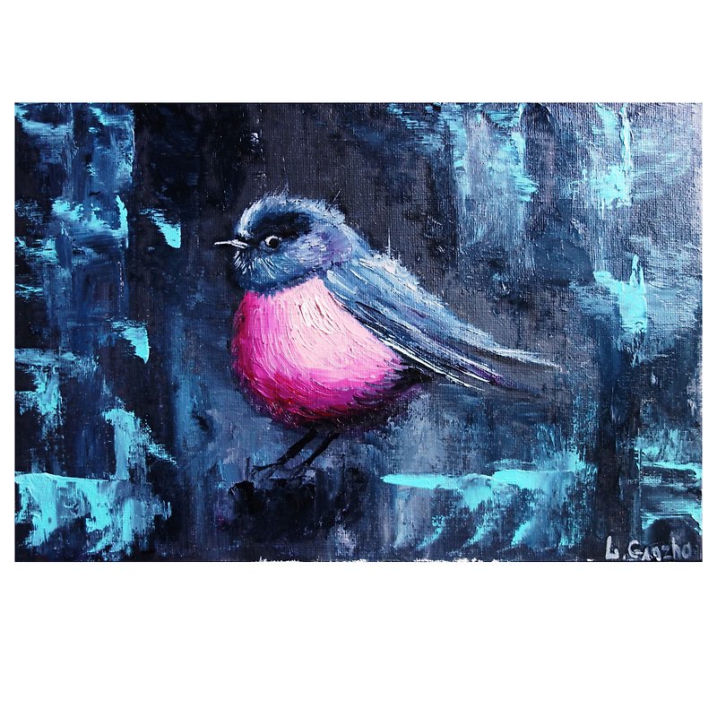Pink Robin Painting Oil Bird Original Art Animal Artwork Canvas Art Impasto - โปสเตอร์ - วัสดุอื่นๆ หลากหลายสี
