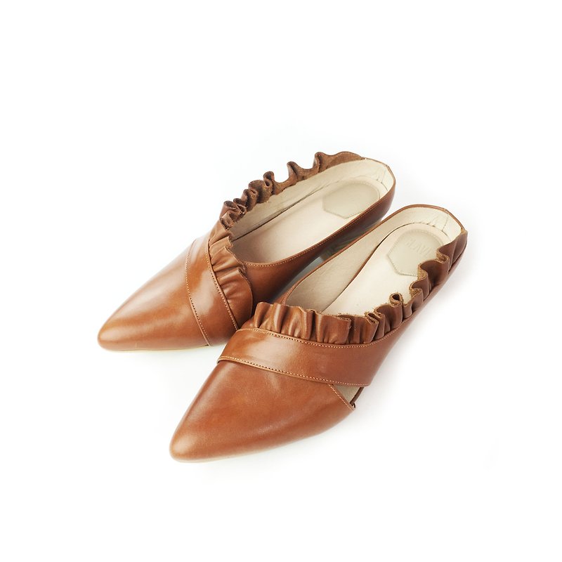 /The Deep/  Bubblegum Coral - Green Leather Handmade Mule Shoes - Women's Casual Shoes - Genuine Leather Brown