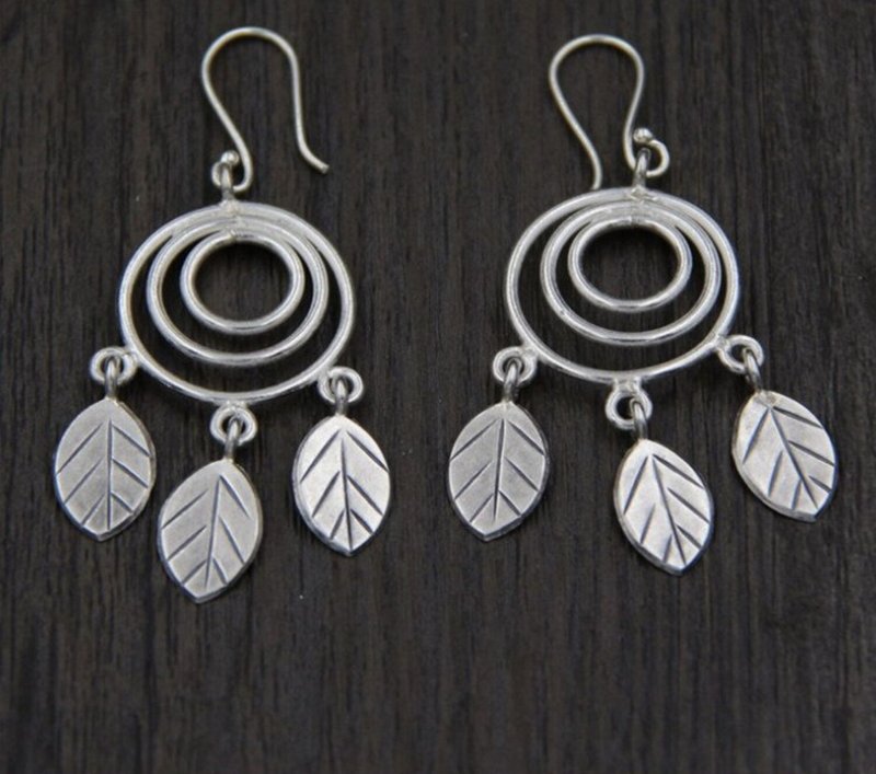 Real 925 Sterling Silver Bohemian Ethnic Leaves Tassels Dangle Earrings Multi - 耳環/耳夾/耳骨夾 - 純銀 銀色