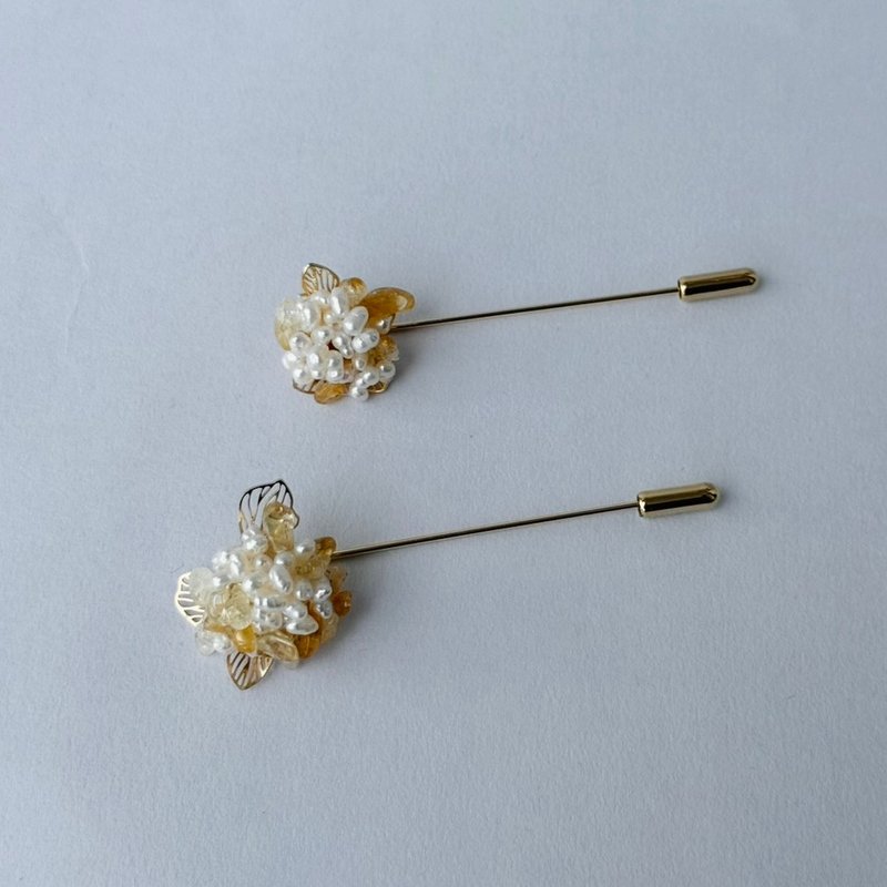 繡球花 巴洛克 淡水珍珠 黃水晶 14KGF 胸針 - 胸針 - 珍珠 白色