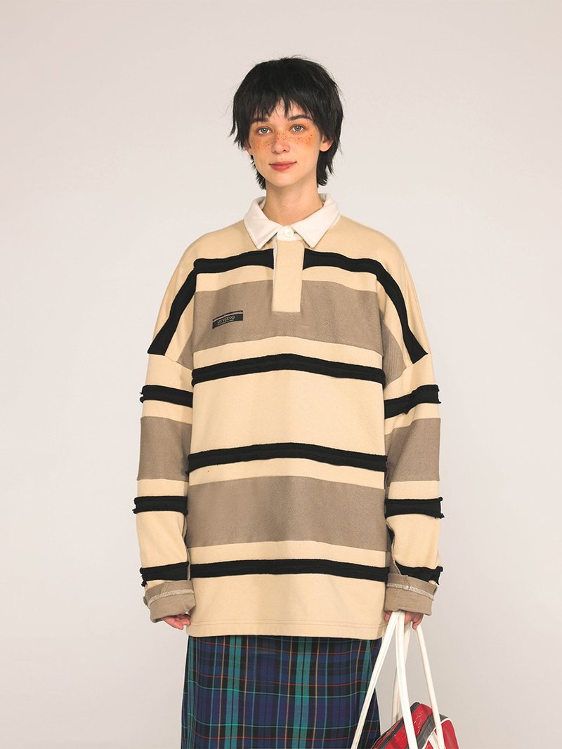 UNVESNO秋日步行復古散邊條紋拼接加絨秋冬POLO長袖衛衣 SWS-1590 - 男 T 恤 - 棉．麻 金色