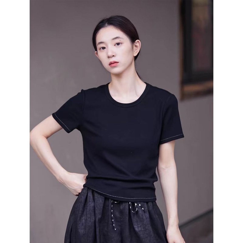 Black high-elastic ribbed fabric, thin and slim fit knitted T-shirt - Women's T-Shirts - Cotton & Hemp 