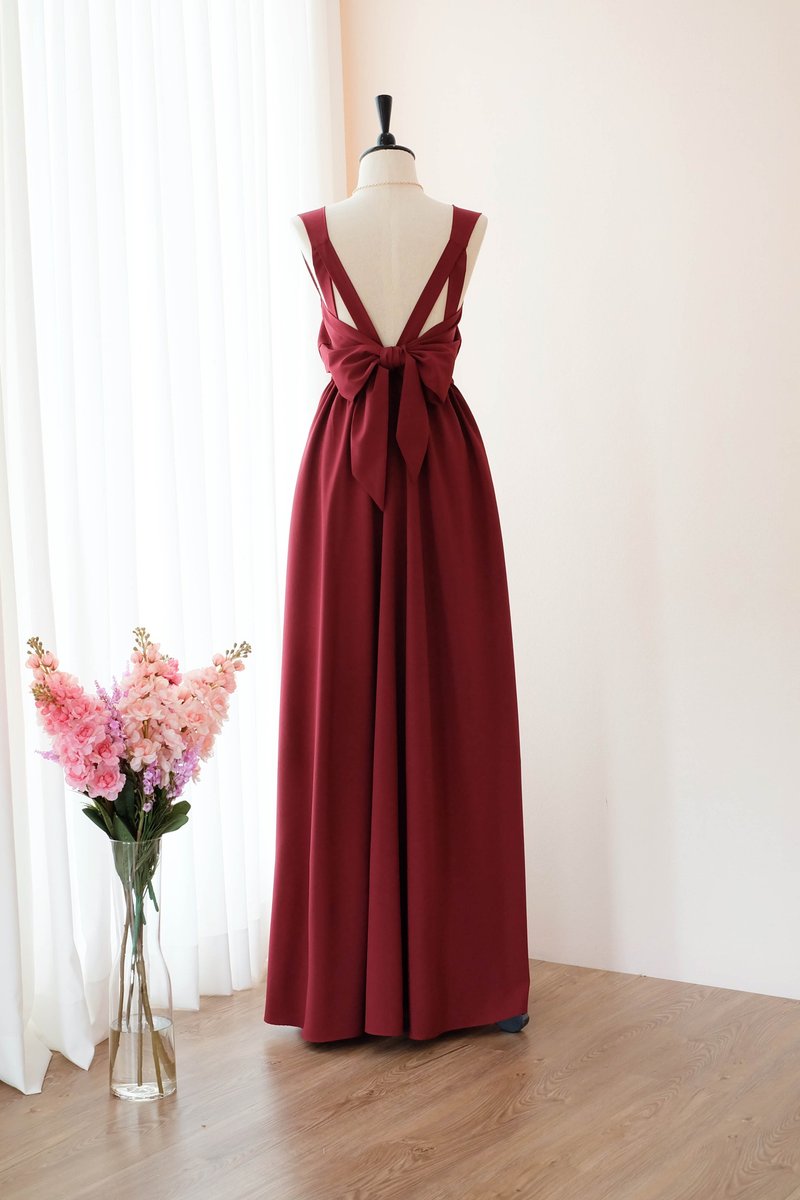 Burgundy Red dress Bridesmaid Bridal Dress Prom Cocktail Party Wedding Dress - ชุดราตรี - เส้นใยสังเคราะห์ สีแดง