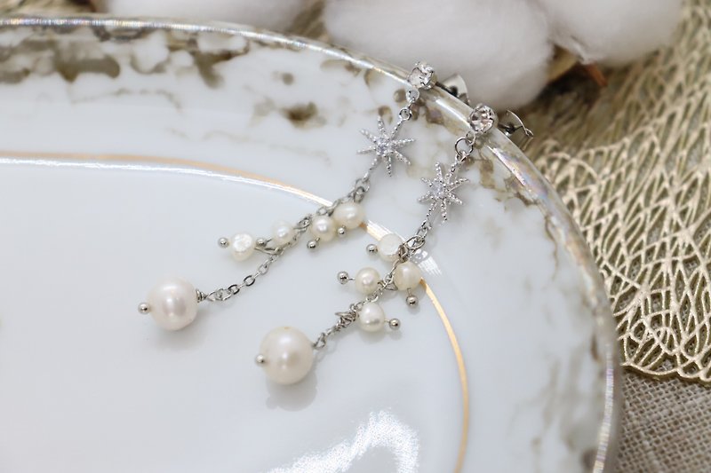 Stella Charm & Freshwater Pearls Cluster Long Earrings - Earrings & Clip-ons - Pearl 