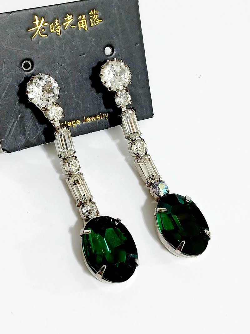vintage jewelry  華麗宴會風格綠萊茵 夾式耳環 - 耳環/耳夾/耳骨夾 - 其他金屬 