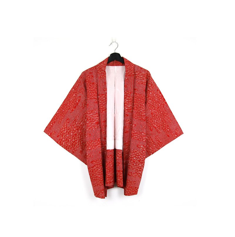 Back to Green-Japan brought back to the feather weaving red fan wave //vintage kimono - เสื้อแจ็คเก็ต - ผ้าไหม 