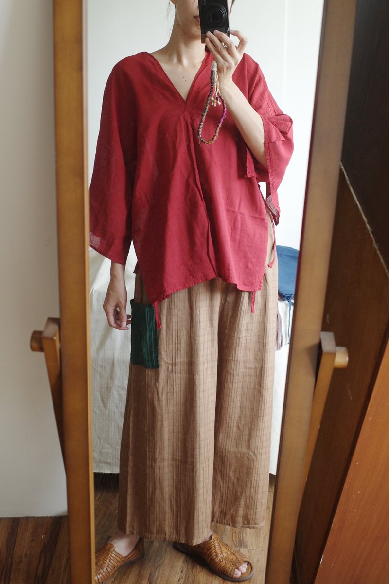 泰國純棉側邊綁帶寬袖上衣 紅色 - 女上衣/長袖上衣 - 棉．麻 