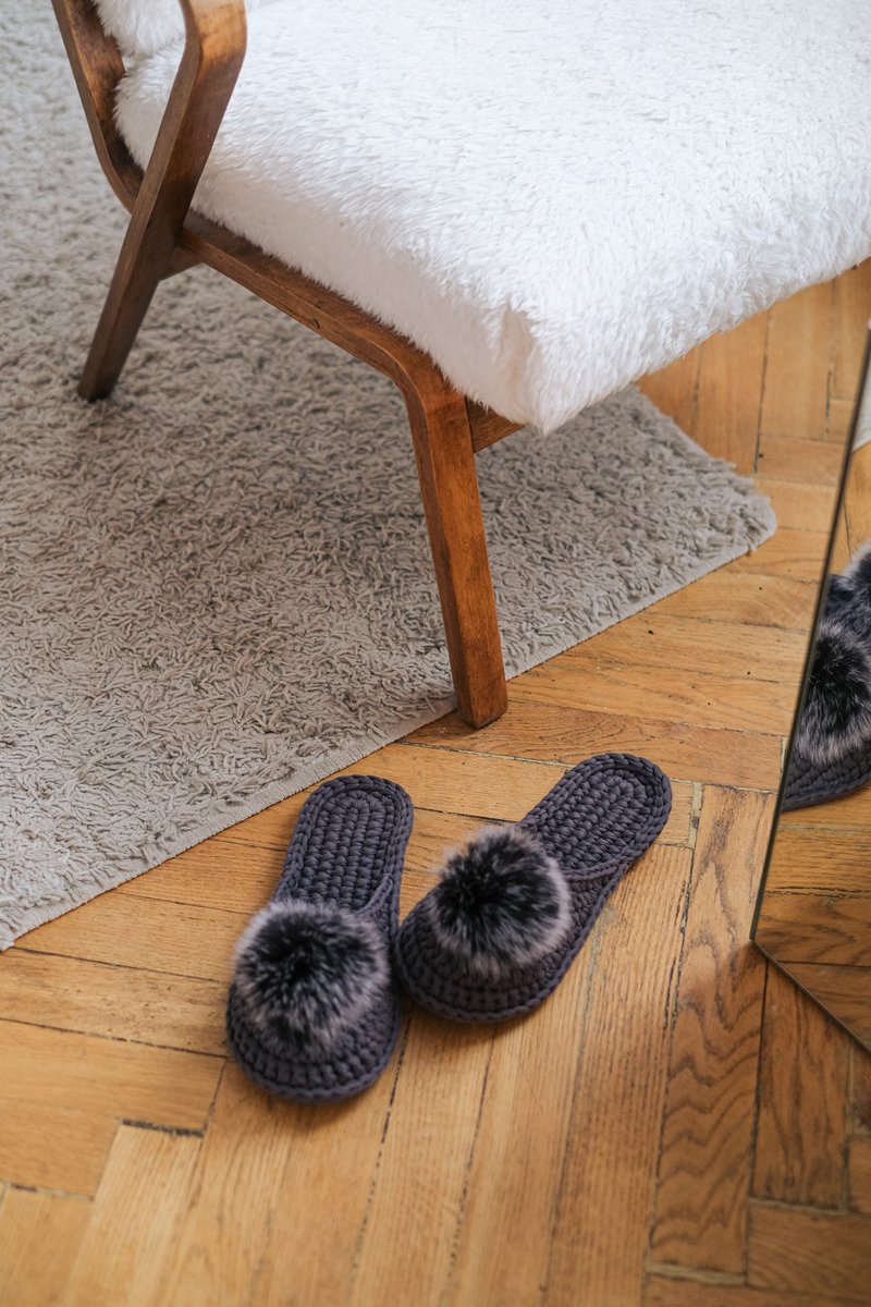 Wedding slippers - Knitted slippers - House shoes for women - 拖鞋 - 棉．麻 灰色