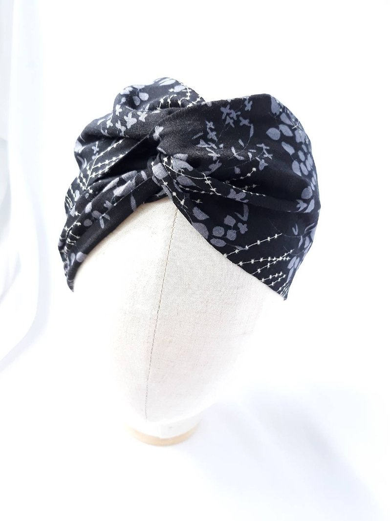 黑色花葉紋頭巾領巾式手工髮帶 - 髮帶/髮箍 - 棉．麻 黑色