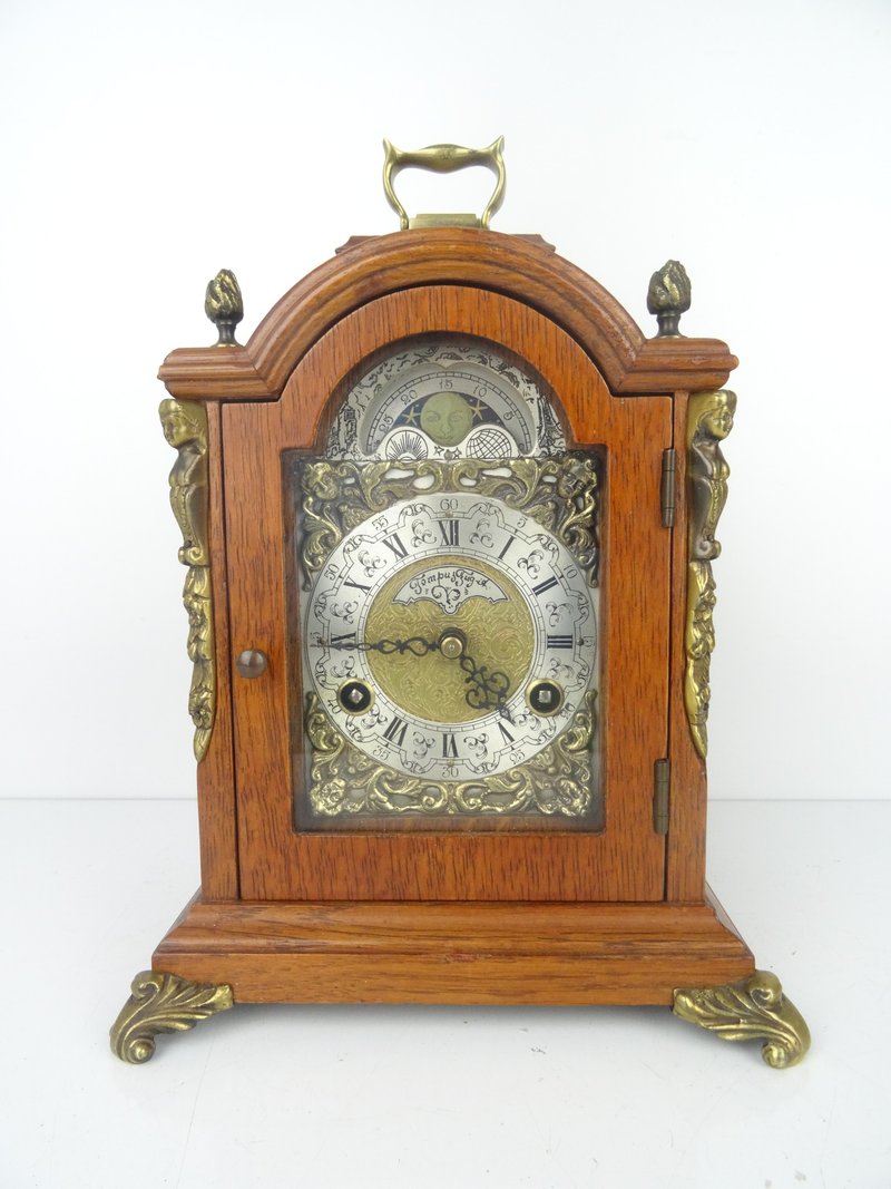 Vintage Dutch Warmink Mantle Table Clock – Antique Mid-Century Moon Phase - Clocks - Wood Brown