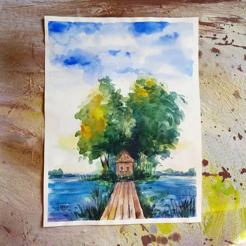 A secluded house - artwork hand painted Watercolor painting on paper - ตกแต่งผนัง - วัสดุอื่นๆ 