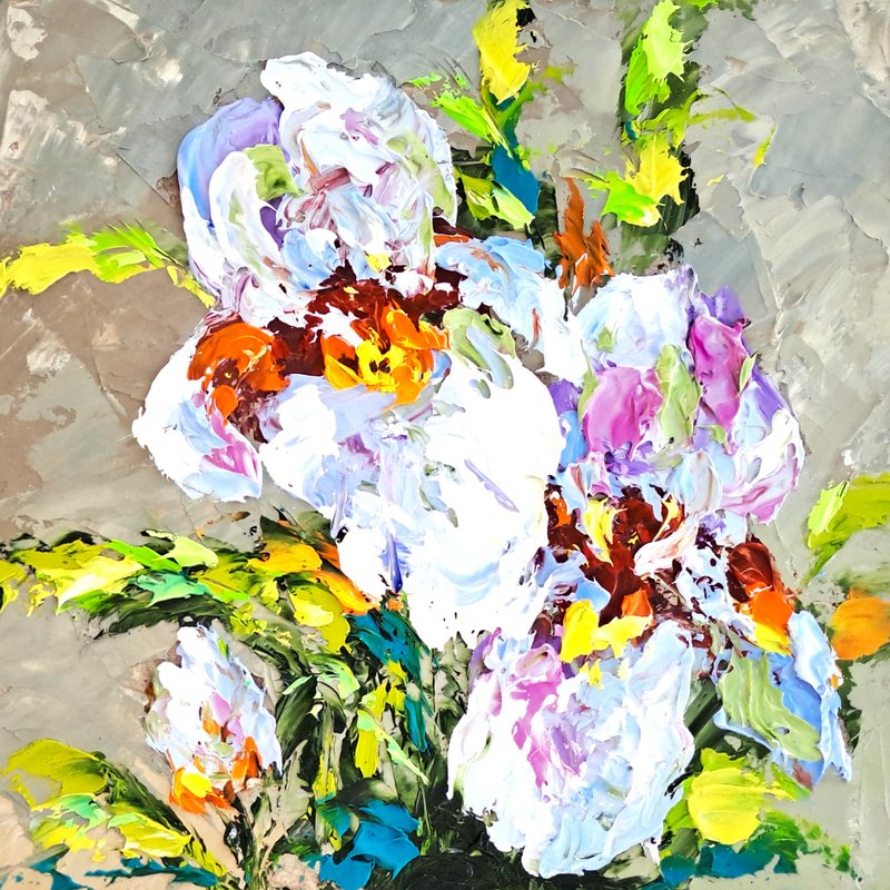 Iris Painting Floral Original Art Impasto Oil Painting Flowers Small Artwork - 海報/掛畫/掛布 - 其他材質 多色