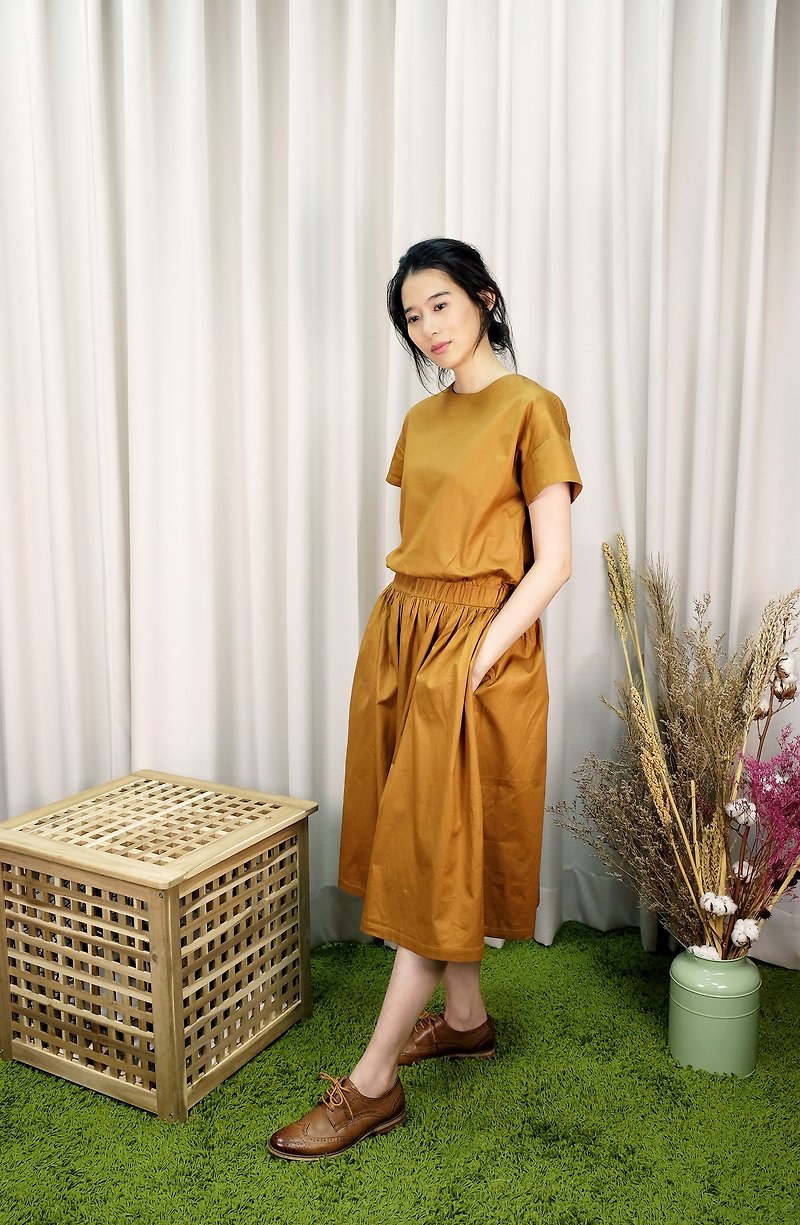 Drop shoulder waist dress / soil yellow cotton - One Piece Dresses - Cotton & Hemp Orange