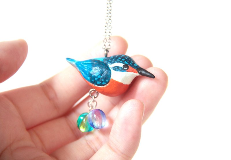 Kingfisher glass bead necklace three-dimensional clay necklace - Necklaces - Clay Blue