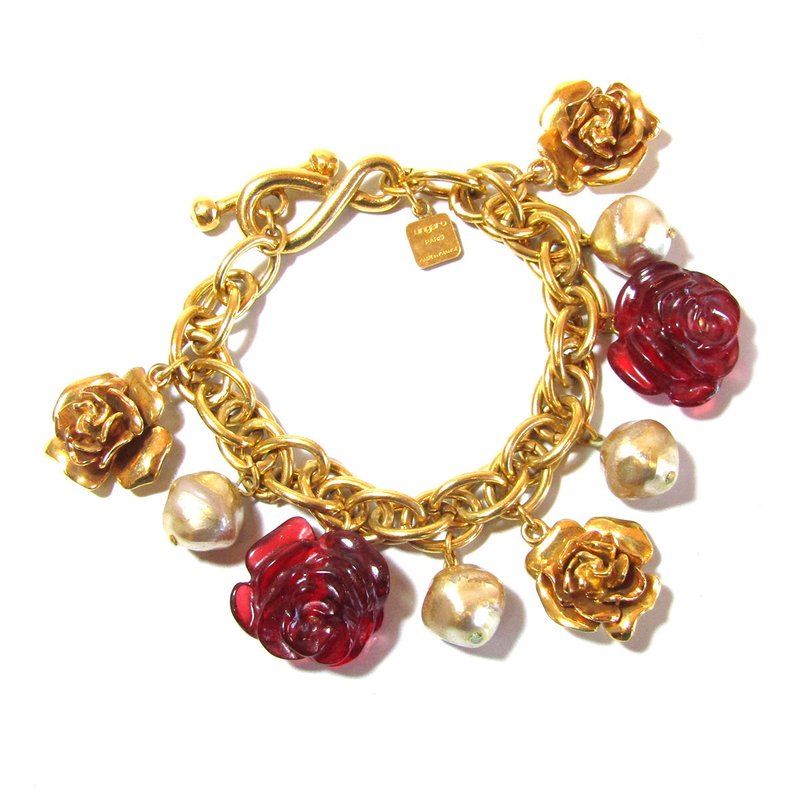 Ungaro PARIS vintage rose & fake pearl gold tone bracelet - สร้อยข้อมือ - โลหะ สีทอง