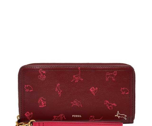 FOSSIL Logan Zodiac Print Leather Long Zip Clip - Red Velvet