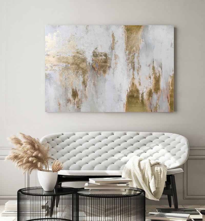White Gold Painting | White Gold Abstract | White Gold Wall Art | Cascade 8 - 壁貼/牆壁裝飾 - 棉．麻 金色