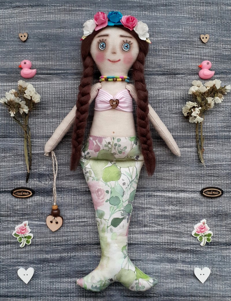 Mermaid art doll, handmade fabric doll ,softie plush cloth doll,rag doll - ตุ๊กตา - ผ้าฝ้าย/ผ้าลินิน 