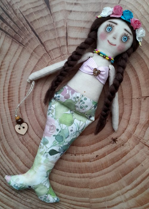 Hand Sewn Fabric Mermaid Doll, Brown Hair and Orange Stripe Tail, Peach Skin Tone Fabric Rag hotsell Doll