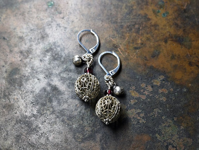 European vintage metal parts and garnet, small bell earrings