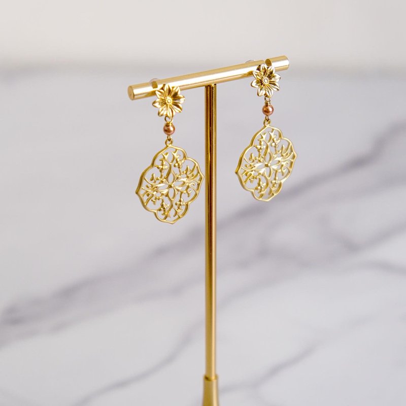 Gala | Flower of Life Ancient Egyptian National Style Dumb Gold Hollow Totem Pearl Earrings Art Nouveau Style - Earrings & Clip-ons - Other Metals Gold