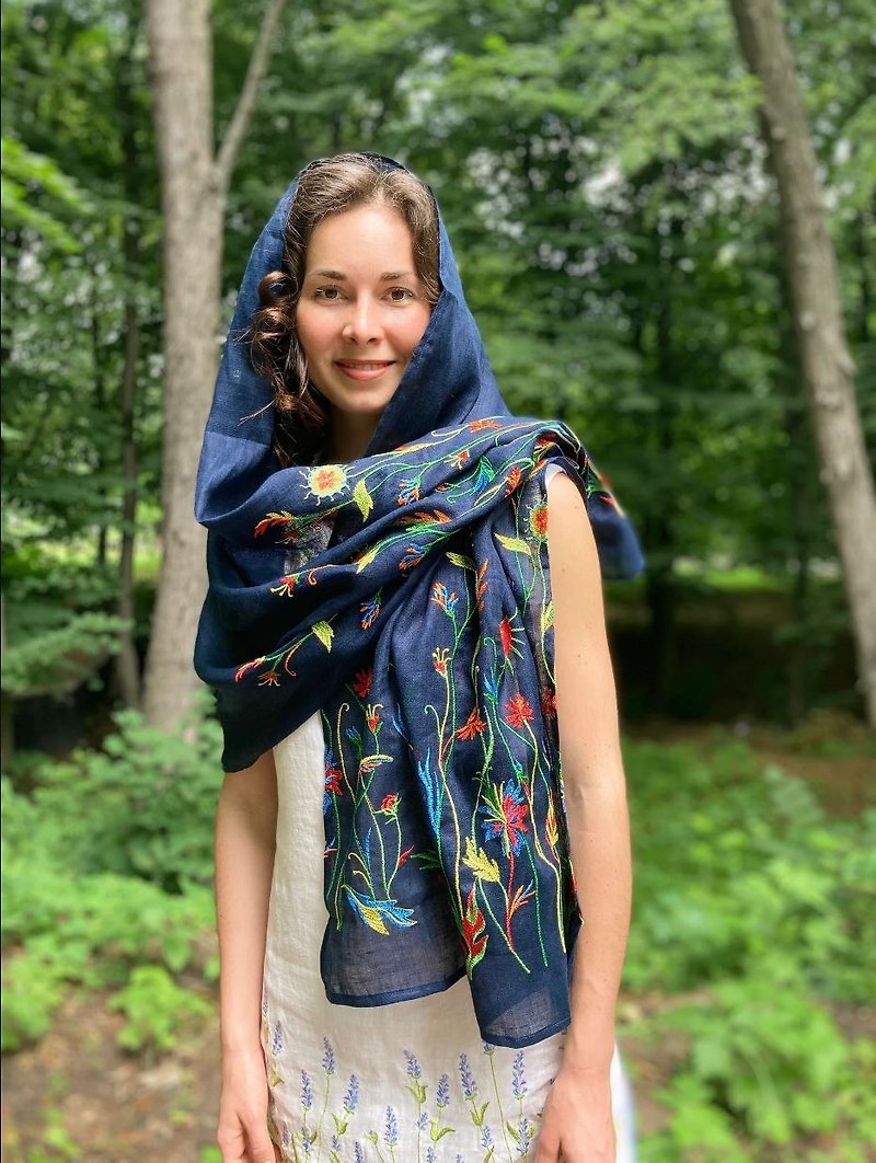 Embroidered scarf, Summer floral scarf, Linen scarf for women, Long scarf - Scarves - Cotton & Hemp Blue