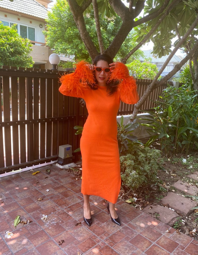 Kim orange feathers bodycon midi dress for women - 洋裝/連身裙 - 聚酯纖維 紅色