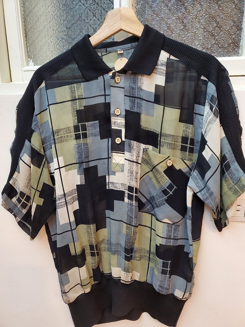 Japanese vintage chiffon micro-perspective geometric plaid polo fir L size is nearly new - Men's Shirts - Cotton & Hemp Multicolor