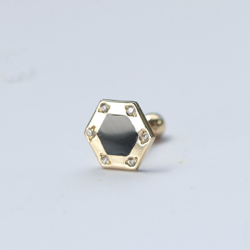 14K hexagonal black onyx bead earrings (single) - ต่างหู - เครื่องประดับ สีทอง